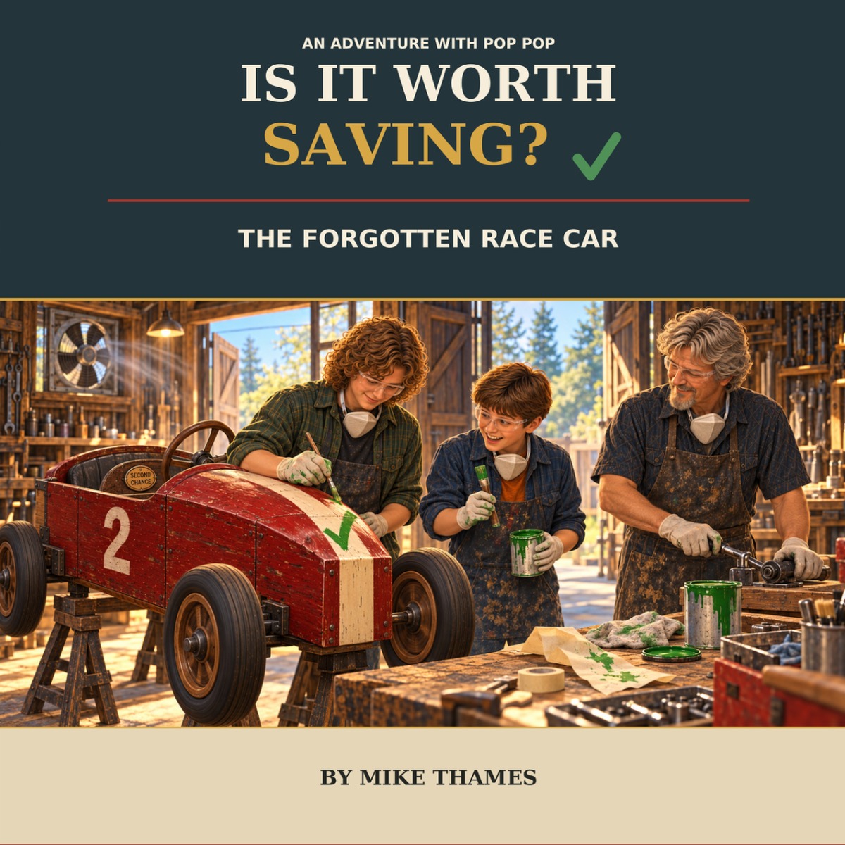 Cover of Is It Worth Saving? The Forgotten Race Car by Mike Thames, showing Connor, Hayden, and Pop Pop restoring their red wooden race car